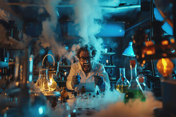 Crazy scientist in laboratory making science experiments - Powered by Adobe