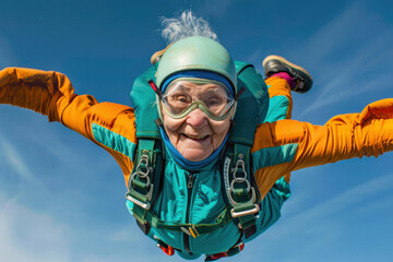 Happy elderly woman sky diving. Senior experiencing strong emotions enjoying fun life adrenalin