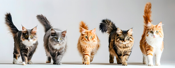 Five cats walking on grey background	