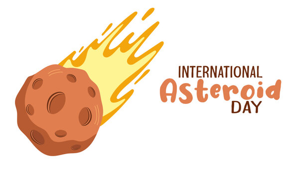 International asteroid day holiday poster. Meteorite with fire and lettering isolated on white background. Holiday banner. Flat design vector illustration.