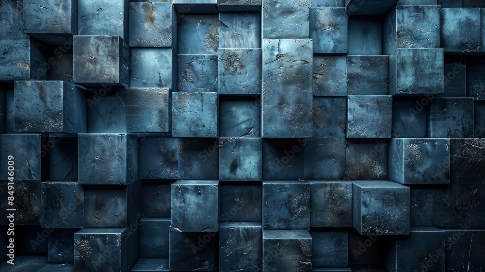 Poster image depicting the texture of an abstract 3d cubic pattern in shades of blue, showing varied depth