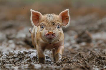 Baby Piglet: A small, pink piglet, standing in a muddy field, with its snout covered in dirt. 