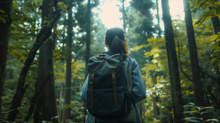 a woman using a backpack walks in the forest, with towering trees, Ai generated Images
