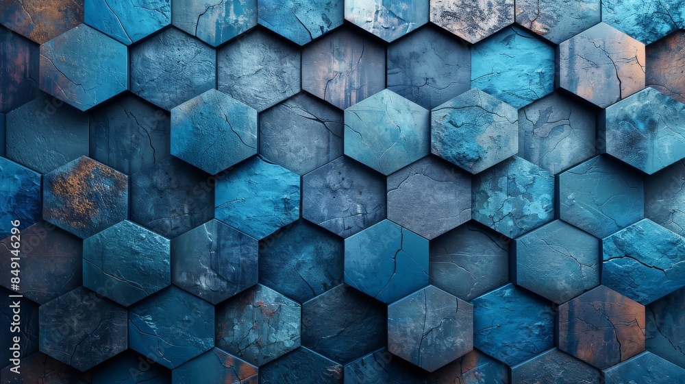 Poster weathered hexagonal tiles with a blend of blue shades creating an artistic wall texture gives an imp