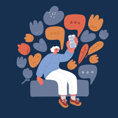 Cartoon vector illustration of business woman showing blank screen smart phone over dark background