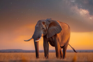 Fototapeta premium A solitary male elephant, silhouetted against the Milky Way, grazes peacefully in the vast Kruger National Park. The scene is bathed in an ethereal, otherworldly light.