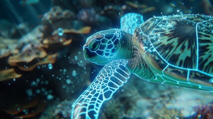 Fototapeta premium A turtle is swimming in the ocean with a blue and green color