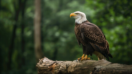 Fototapeta premium an eagle is standing on a log, the eagle's feathers are clear and sturdy, the eagle's expression is brave, Ai Generated Images