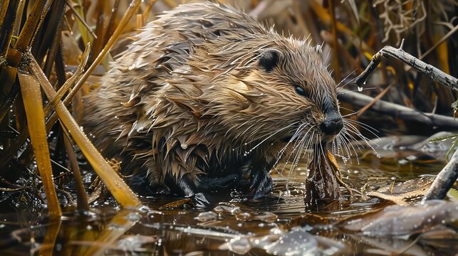 A beaver is standing in the water and gnawing on a branch