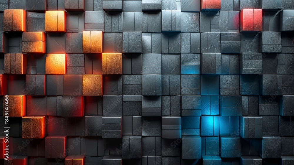 Poster an abstract 3d rendered image featuring cubes with glowing red and blue edges against a dark backgro
