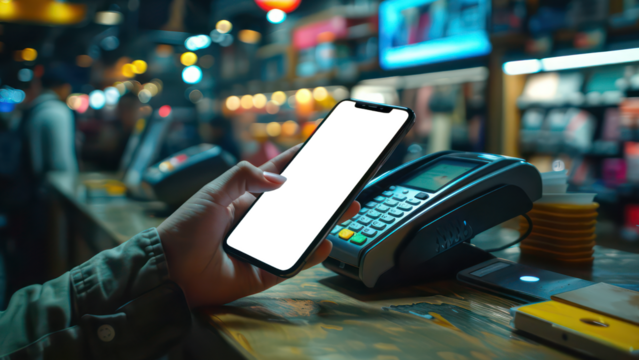 A Close-up Shot of a Smartphone Being Held By a Hand, Displaying a Mobile Payment App Screen, with a Cashier Counter in the Background at a Modern Shopping Center, Transparent Phone Screen