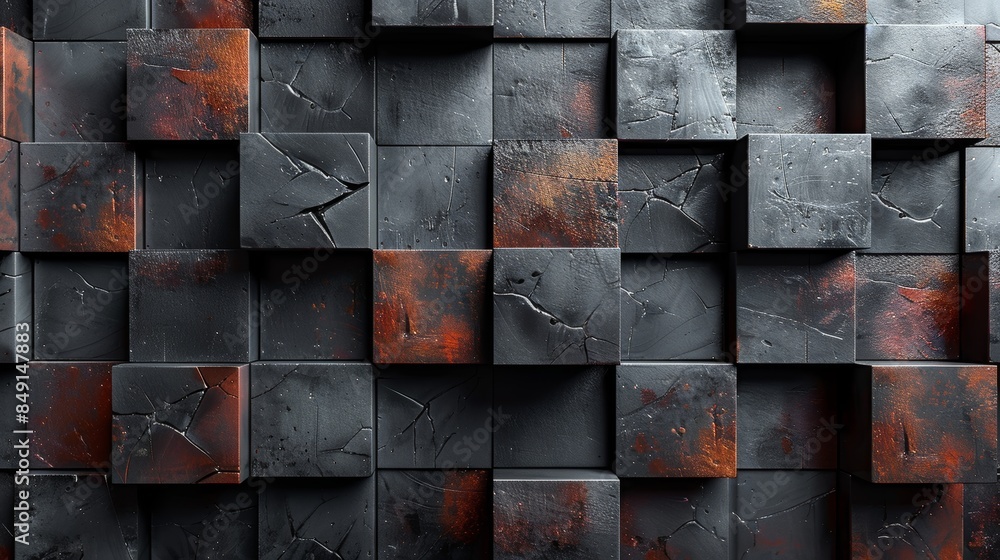 Poster a detailed view of a textured wall with a pattern of orange and black weathered squares