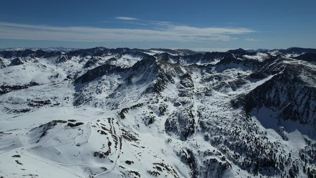 Aerial video over Coll blanc KSB ski resort, Andorra in a snowy winter
