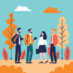 Professional team walking park discussing project. Business people outdoor meeting casual work conversation. Young adults corporate discussion nature autumn leaves