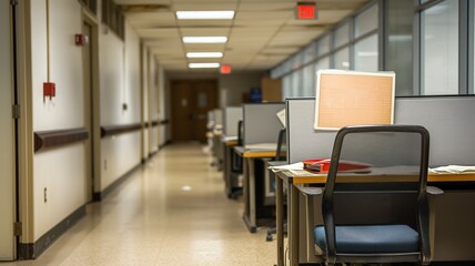 Empty Office Corridor with Desk and Chair
