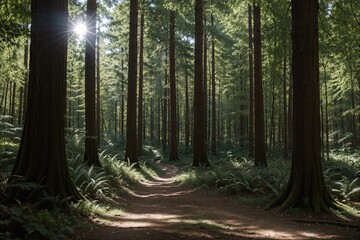 Bright forest with dappled light and space for words