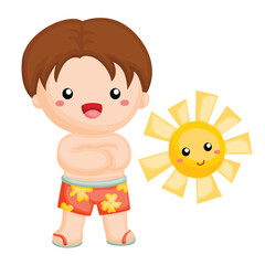 Happy Holiday Kids Swimming Summer Beach Time Activity Cartoon Illustration Vector Clipart Sticker 