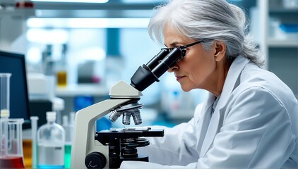 Senior Female Scientist Working with Microscope in Laboratory