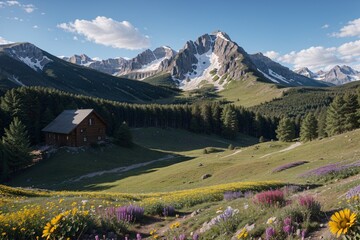 Radiant 3D mountain landscape with vibrant wildflowers and writing space