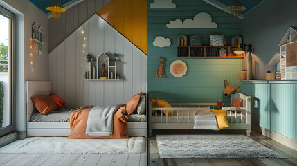Bright colored interior bedroom ,generative ai