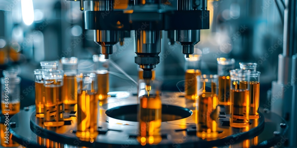 Poster close-up of peptide synthesis in automated machine with reaction columns. concept automated machine,