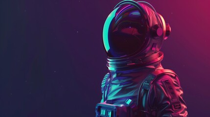 A vibrant, neon-lit astronaut stands against a dark cosmic background