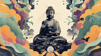 A digital illustration featuring a Buddha statue