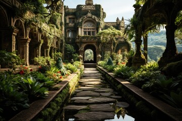 Fototapeta premium Historical mansion and exuberant trails in Lage Park, Rio de Janeiro., generative IA