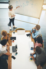 Business people, meeting and presentation with whiteboard for planning, staff training or...