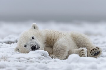 Naklejka premium Baby Polar Bear: A playful baby polar bear, rolling in the snow, with the Arctic tundra stretching out behind it