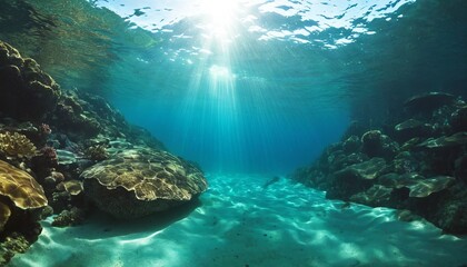 Obraz premium Mesmerizing underwater view of the coral reef, illuminated by the rays of the sun. Concept related to sea, ocean, vacation, summer travel and seascape. copy space