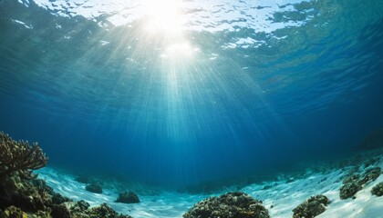 Obraz premium Mesmerizing underwater view of the coral reef, illuminated by the rays of the sun. Concept related to sea, ocean, vacation, summer travel and seascape. copy space