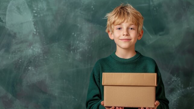 A smiling boy holding a cardboard box in front of a chalkboard - Powered by Adobe