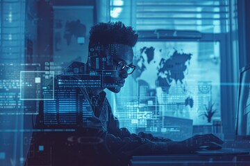 Fototapeta premium Tech-Savvy American Working on Advanced Home Computer