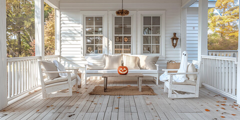 Halloween porch white house pumpkin ghost decoration autumn decor seasonal festive home improvement timber natural wooden veranda patio Hamptons coastal Cape Cod fall house exterior sofa luxury chic