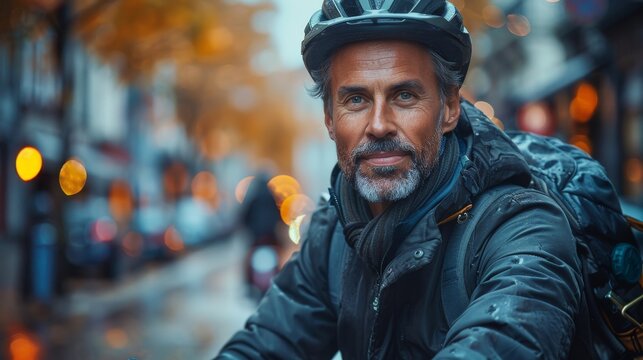 A mature man with a beard wearing a helmet and backpack looks off into the distance with urban bokeh lights