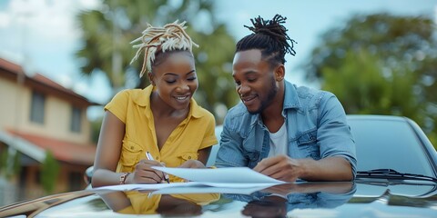African American couple signing documents on car hood with confidence and smiles. Concept Couple Goals, Signing Documents, Car Deal, Happiness, African American