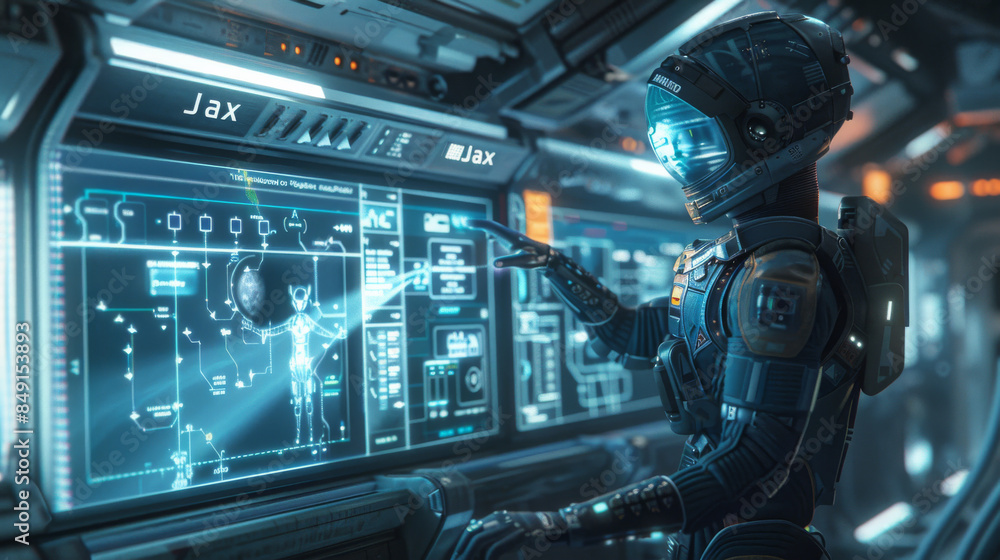Poster a woman in a blue spacesuit is pointing at a computer screen