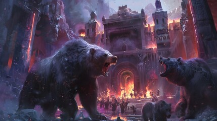 Burning castle in places of worship and a bear