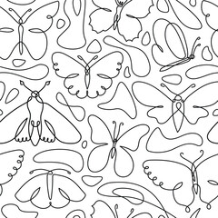 Butterfly art in continuous line seamless pattern vector illustration