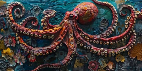 Obraz premium Giant octopus embraces the earth in a symphony of colors, pollution, biopollution, horror, HD wallpapers, backgrounds, generated by AI.Embrace of Colors: Majestic Octopus Enveloping the Earth in a 