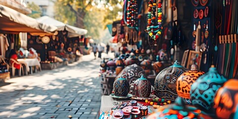 Fototapeta premium Urban Bazaars Celebrating Local Artisans and Traditions in City Craft Markets. Concept Cultural Exchange, Handmade Crafts, Local Artisans, Urban Markets, Community Traditions