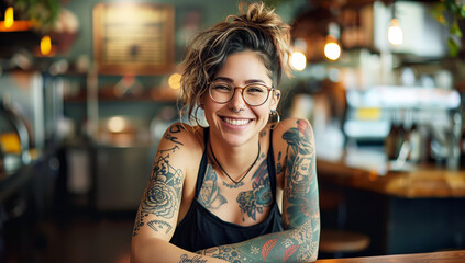 portrait of smiling woman with glasses and tattoos sitting at a table in a restaurant, the woman is wearing a black sleeveless top, she has short curly hair,