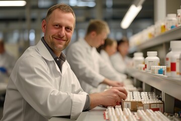 Smiling Worker with Medication Box in Lab