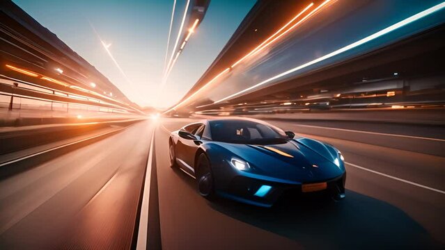 Sports Car Driving Under Highway Overpass at Sunset Generative AI
