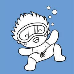 Cute Kids Wearing Swimwear for Swimming Activity Summer Holiday Cartoon Digital Stamp Outline