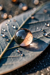 A close-up of a dewdrop on a leaf, reflecting the surrounding greenery