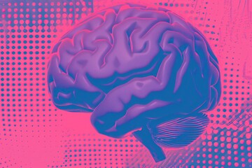 abstract human brain against vibrant pink purple halftone background concepts related to psychology neurology mental processing