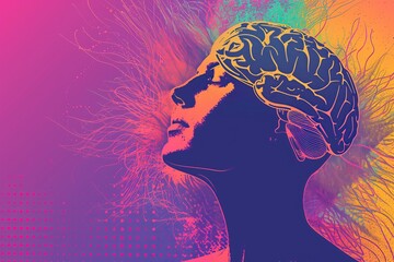 abstract side profile of human head with an exposed brain against vibrant multicolored background