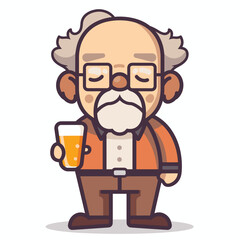 Elderly man cartoon character stands holding beer glass. Senior gentleman white hair, glasses, mustache enjoys drink. Cartoon style representation elderly male leisure time, casual clothing